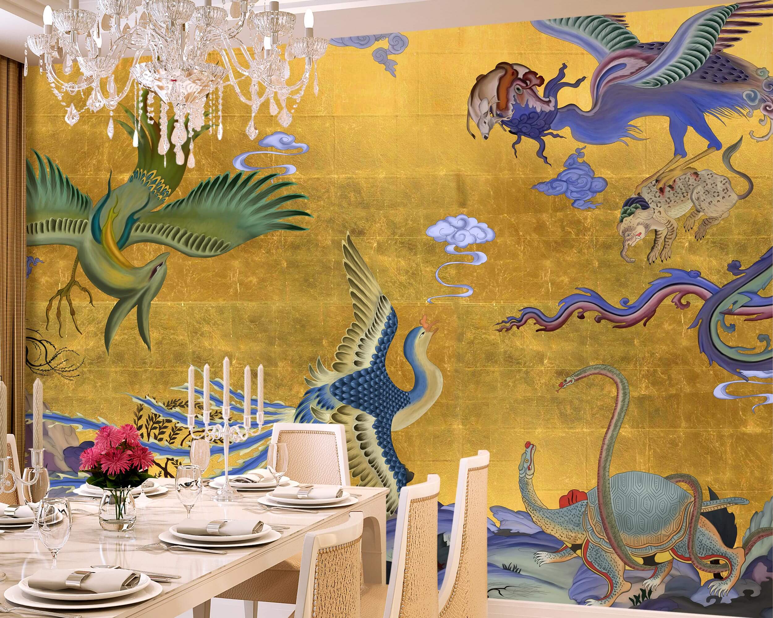 Metallic Gold Wallpaper - Mythical Creatures Design